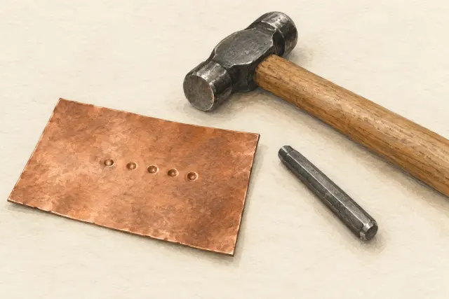 Illustration of a punch, hammer and marks in copper