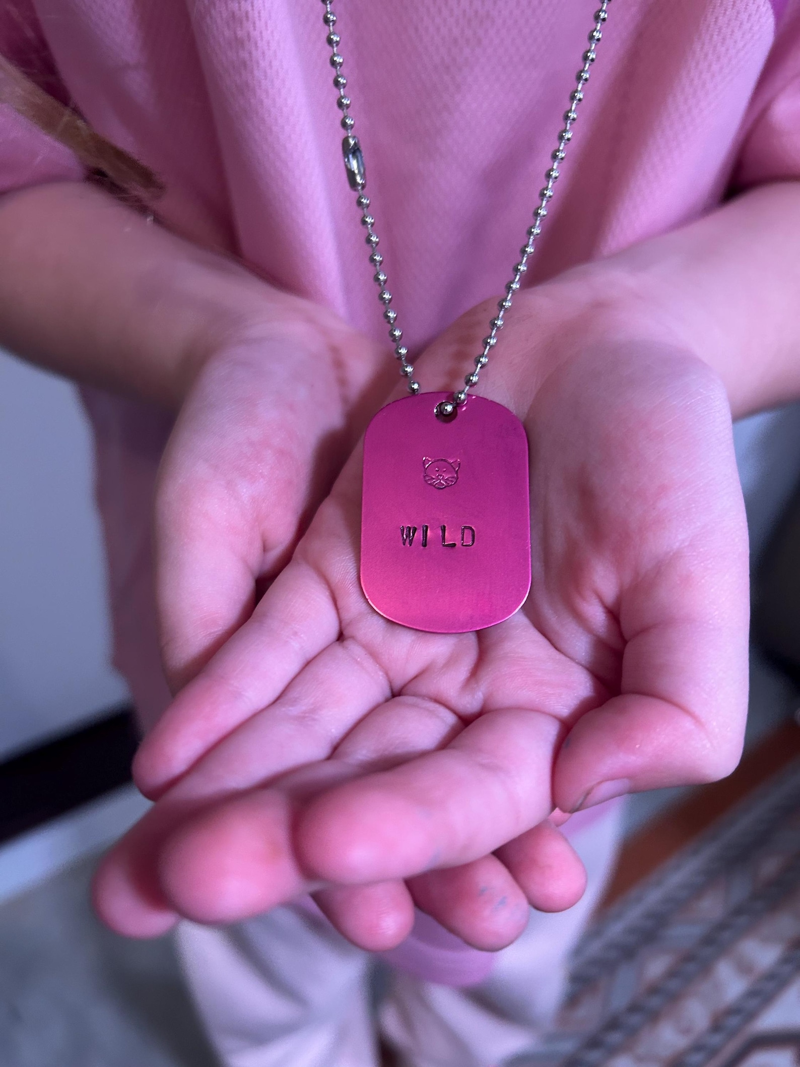 WILD hand-stamped magenta tag necklace